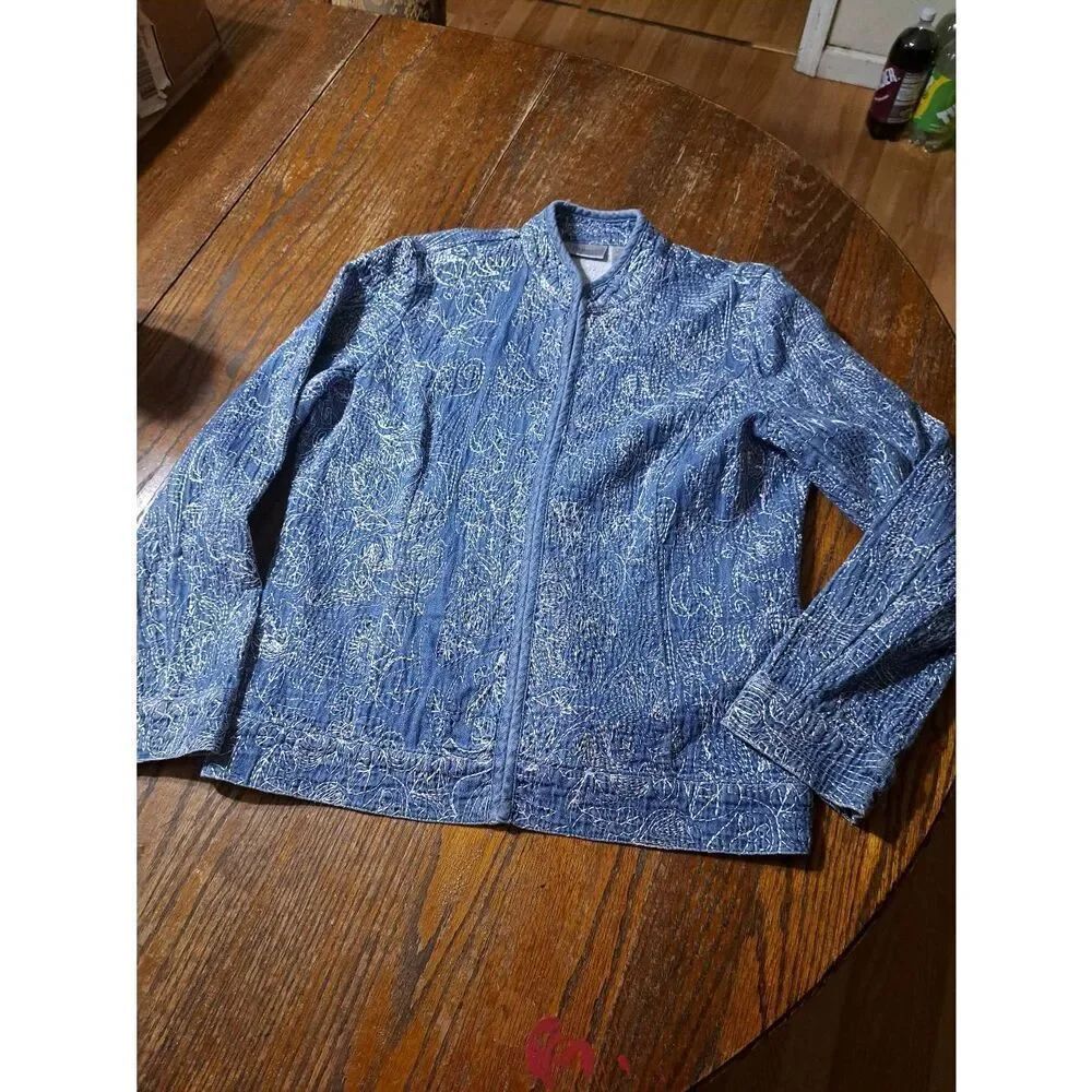 Small Size 4 Chicos 0 Blue White Cotton Long Sleeve Denim Look Jacket Blazer